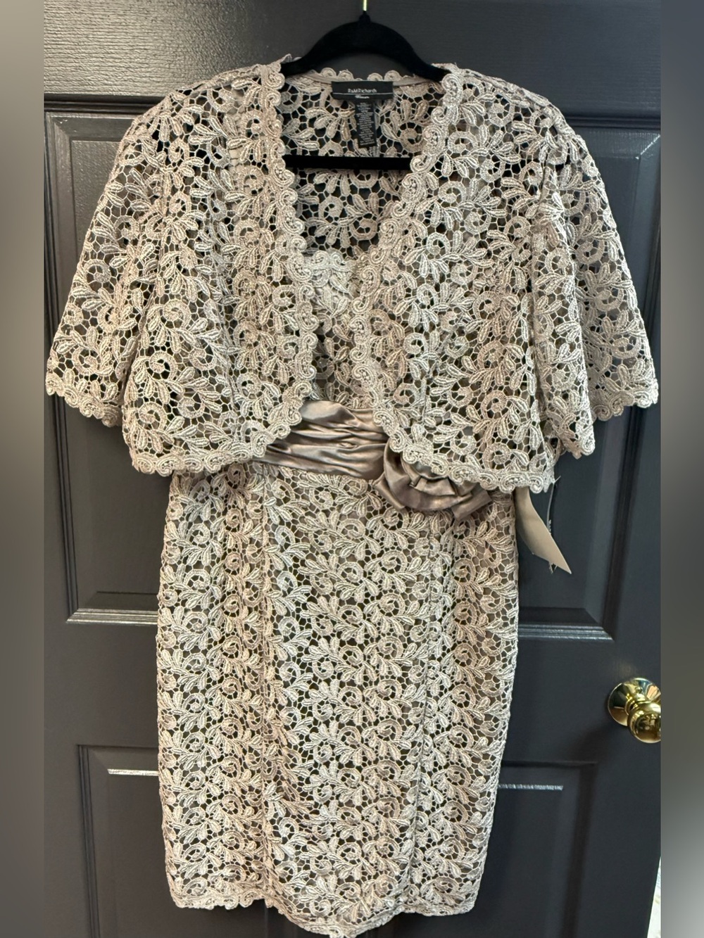 R&M Richards Champagne Lace Midi Dress with Satin Accent MSRP $176